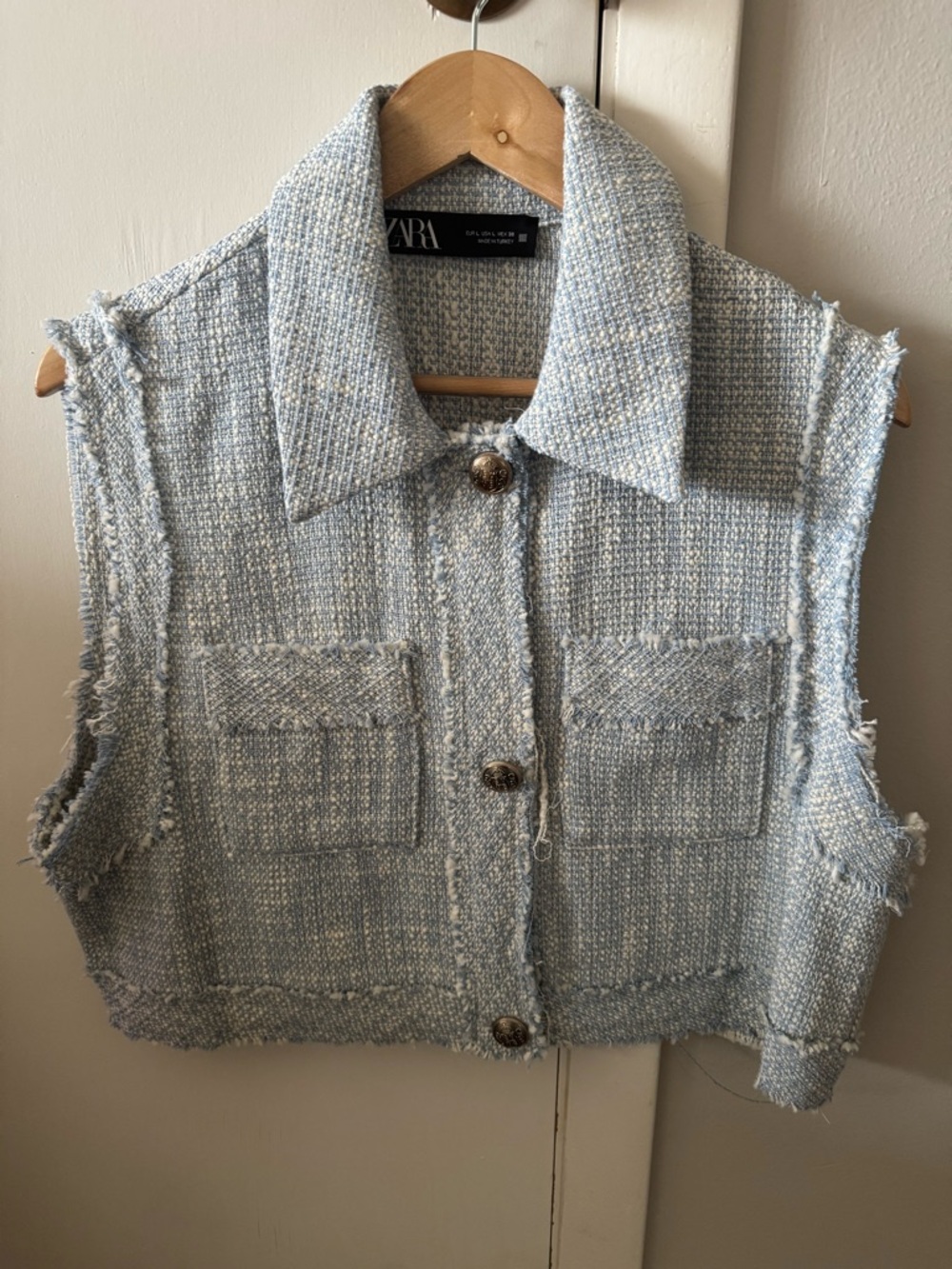 Zara Pale Blue Tweed Cropped Vest